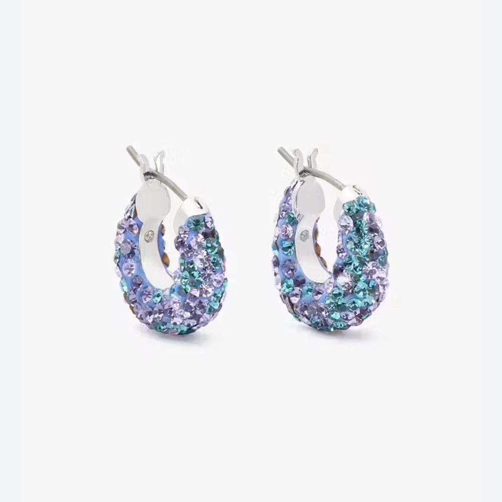 Kate Spade NEW YORK CRYSTAL HUGGIE HOOP EARRINGS IN BLUE/PURPLE/SILVER